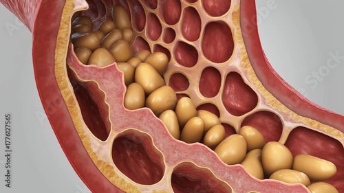 3D medical illustration of atherosclerosis showing cholesterol plaque buildup occluding a human blood vessel