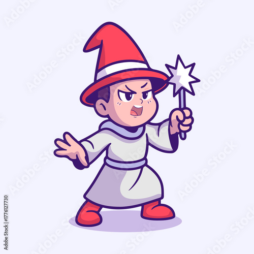 Cute Cartoon Wizard Boy Casting Spell with Magic Wand and Angry Expression