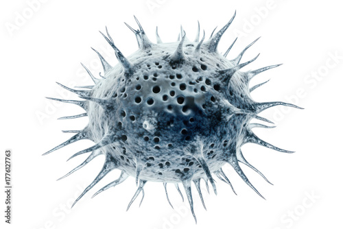 Detailed 3d rendering of a virus particle with spikes isolated on transparent background. Close up view of a biological cancer cell isolated on white background.