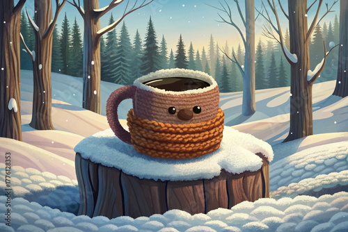 Warm cinnamon milk drink with star anise floating on top, served in transparent cup resting on clean white snow background