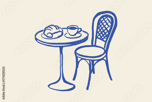 Cafe table, croissant and coffee, naive sketch vector illustration