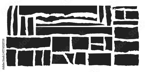 Jagged edge torn paper piece collage grunge cut out shapes vector illustration. Ripped paper abstract frame shape text box template collection.