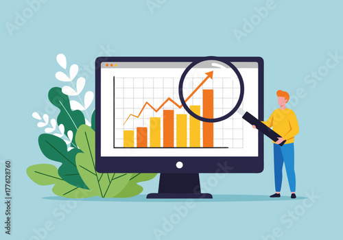 Modern flat design vector illustration of a person analyzing business growth data on a computer screen, symbolizing successful market strategy and financial development
