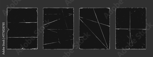 Old retro style paper fold texture black grunge punk overlay vector illustration set. Vintage dark cover dirty scratched folded paper sheet collection grain noise rough effect distress corner template