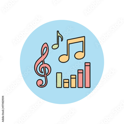 Colorful music notes and sound bars on blue circular background  