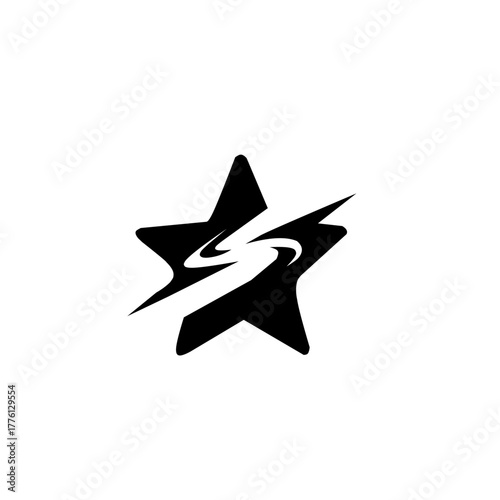 Dynamic star icon with a swirling lightning or speed effect cutting across it. Represents excellence, power, speed, magic, and achievement. Energetic and bold.