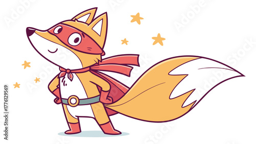 Confident cartoon superhero fox striking a heroic pose with a flowing cape and determined expression, surrounded by twinkling stars