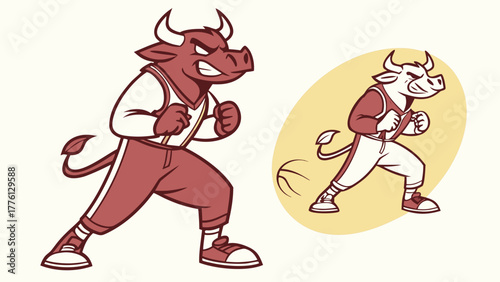 Powerful bull mascot ready for action, displaying strength and determination in a dynamic pose, perfect for sports teams or energetic brands.