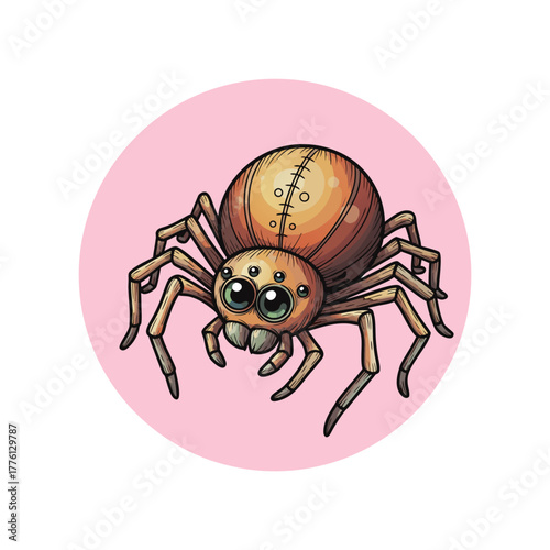 Cartoon spider with large eyes in a circular pink background  