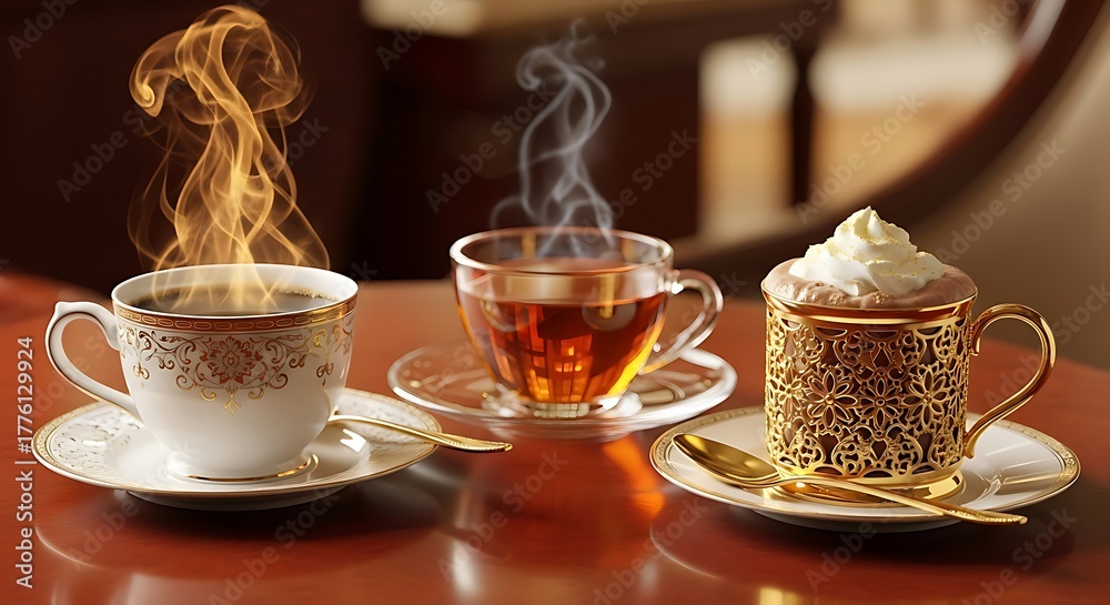 Fototapeta premium Three steaming cups of hot beverages, coffee, tea, and a latte, offering warmth and comfort on a table.
