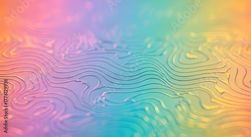 Holographic texture on an abstract iridescent gradient background.