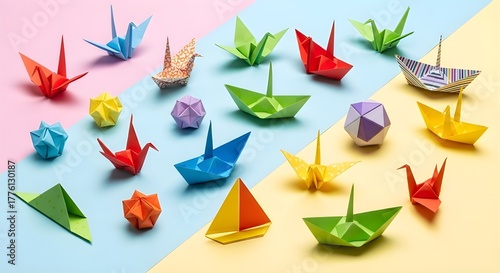 Colorful origami paper shapes lay flat on a bright pastel surface.