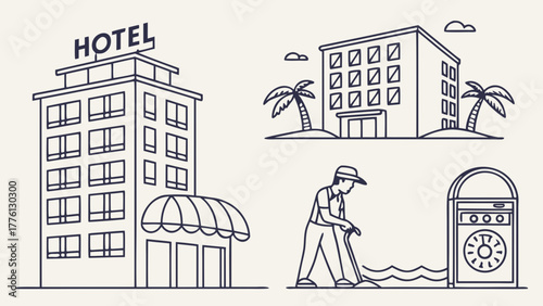 Charming hotel buildings and a person cleaning a beach evoke relaxed vacation vibes and essential service.