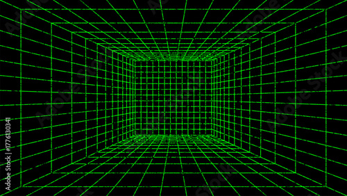 3D wireframe perspective grid room template design vector illustration background. Empty three dimensional virtual room perspective wireframe grid geometric sketch. Cyber virtual line interior frame.