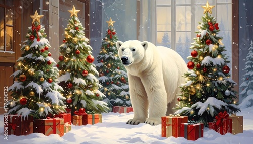 A majestic polar bear amidst decorated Christmas trees with falling snow and gifts