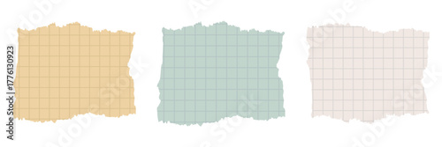 Torn grid paper textures in pastel colors. Set of three torn square grid paper textures in pastel shades, useful for scrapbooking and design backgrounds. Ripped checkered notebook pieces.

