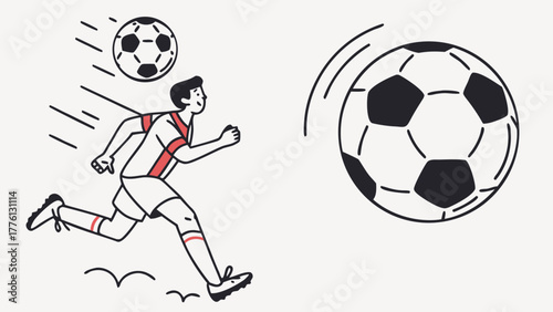 Dynamic soccer player in action chasing a football with energetic motion lines and a large approaching ball