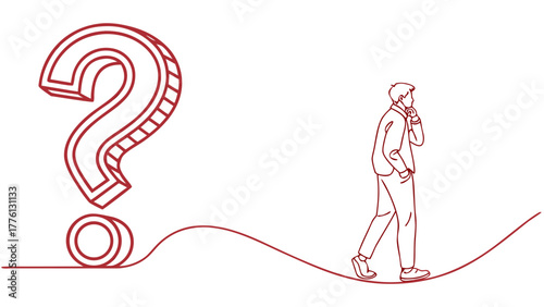 Thoughtful businessman contemplates a complex question while walking a precarious path toward a giant question mark symbol representing uncertainty and challenge.