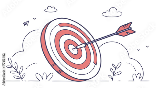 Achieve your business goals with precision, hitting the bullseye of success with this dynamic target and arrow illustration symbolizing focus and achievement.