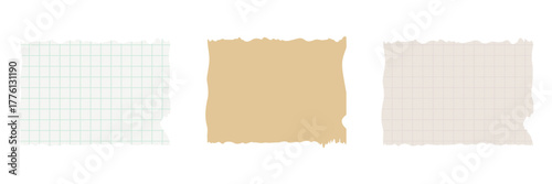 Torn grid paper textures in pastel colors. Set of three torn square grid paper textures in pastel shades, useful for scrapbooking and design backgrounds. Ripped checkered notebook pieces.

