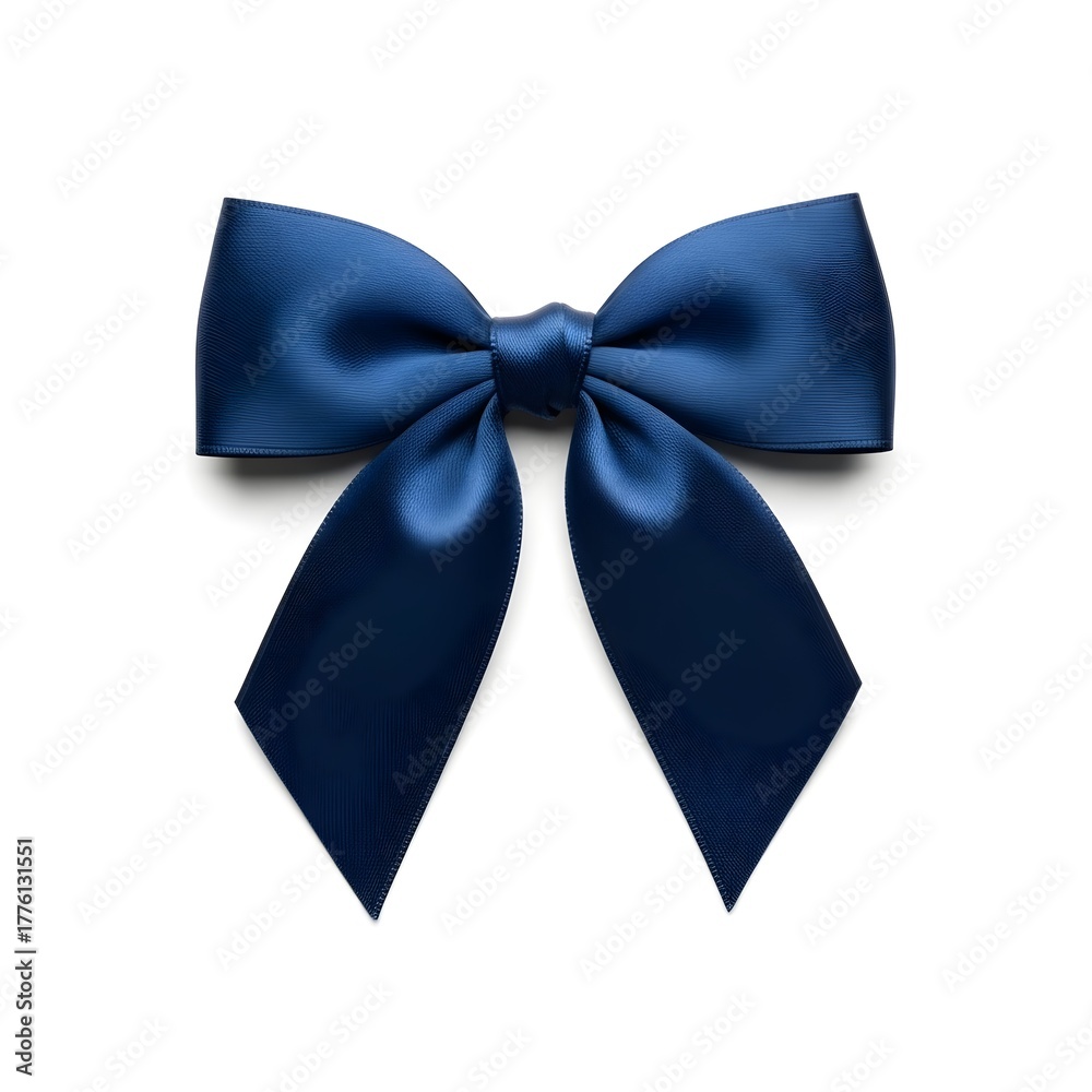 Naklejka premium A centered, dark blue satin ribbon bow with flowing tails, softly lit against a white background, evokes elegance and simplicity in a studio shot. 