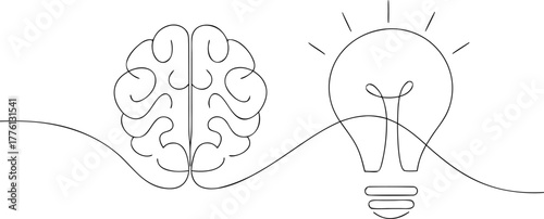 Brain and light bulb continuous line drawing idea thinking