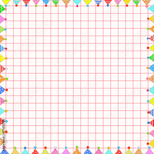 Colorful party hat garland border on light grid pattern background for Kids birthday Invitation , Celebration Background.