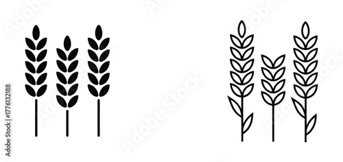 Wheats ears icon set and wheat design elements flat line vector collection isolated on transparent background. Harvest wheat grain, growth rice stalk and whole bread grains or field cereal nutritious.