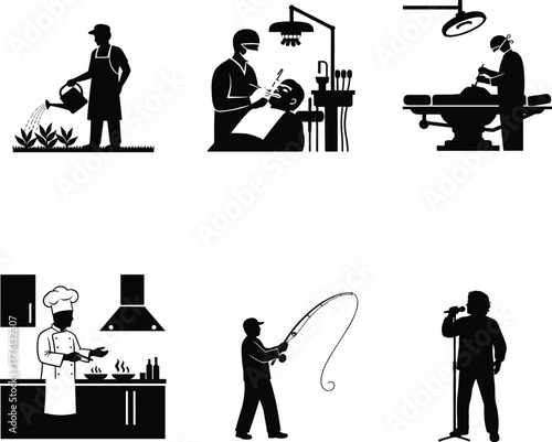 Profession and activity silhouette set, black vector icons of gardener, dentist, surgeon, chef, fisherman, and singer