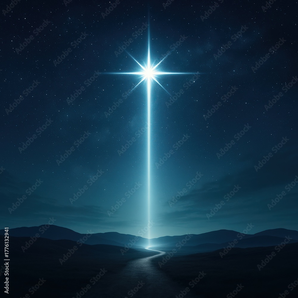 Fototapeta premium A Bright Celestial Star Shining Down a Radiant Beam of Light Across a Serene Night Landscape Under a Starry Sky