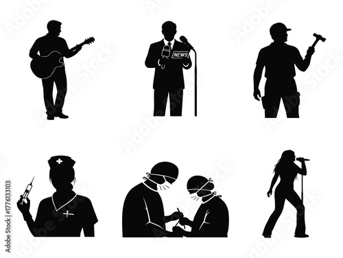 Profession silhouette set, black vector icons of guitarist, news anchor, carpenter, nurse, surgeons, and singer