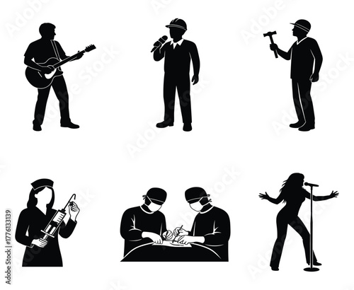 Profession silhouette set, black vector icons of guitarist, safety officer, carpenter, nurse, surgeons, and singer