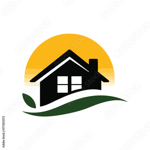Yellow and black house silhouette with sun representing real estate property development or home construction company logo design