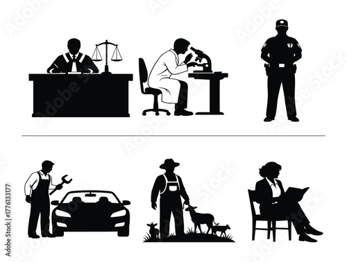 Profession silhouette set, black vector icons of judge, scientist, police officer, mechanic, farmer, and teacher