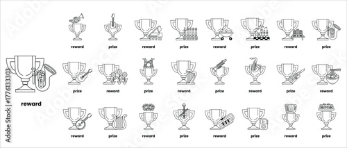 A black and white drawing of a variety of objects with the word "reward" written