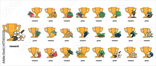 A row of golden cups with the word "reward" written below them