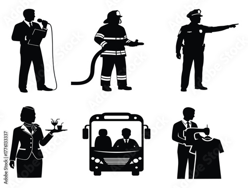 Profession silhouette set, black vector icons of reporter, firefighter, police officer, flight attendant, bus driver, and clothing assistant