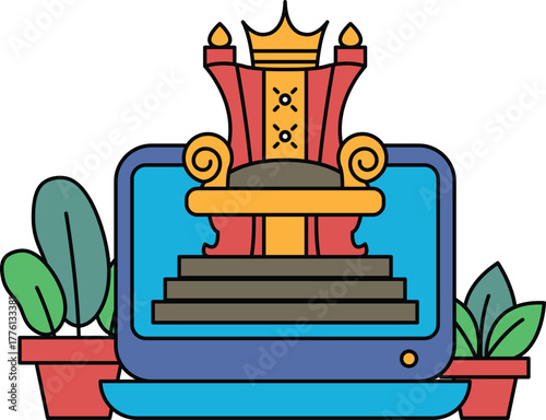 A cartoon drawing of a throne with a crown on top