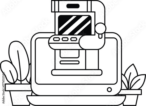 A black and white drawing of a computer monitor with a joystick on top of it