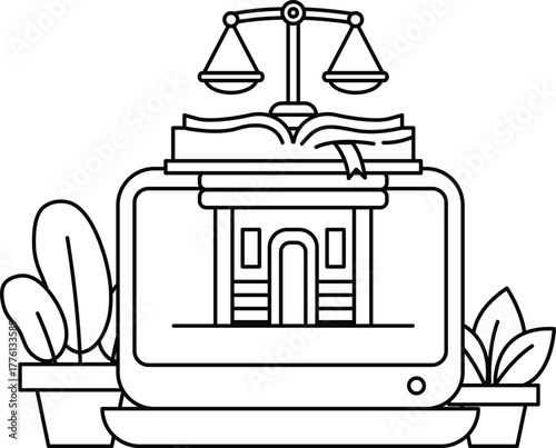 A black and white drawing of a courthouse with a book on top of it