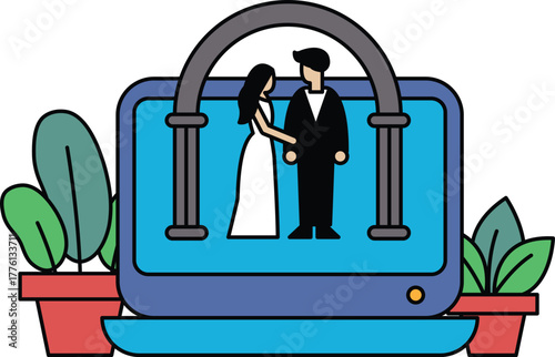 A couple is getting married and the bride and groom are standing under an arch