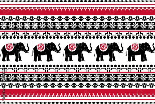 A vibrant red, black, and white elephant pattern inspired by Thai tribal art. This seamless design combines traditional motifs and modern geometric lines, making it ideal for textiles, prints.