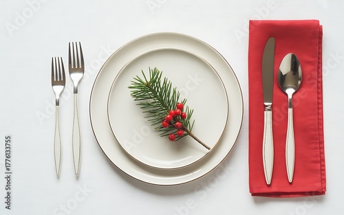 Christmas table setting isolated on white background