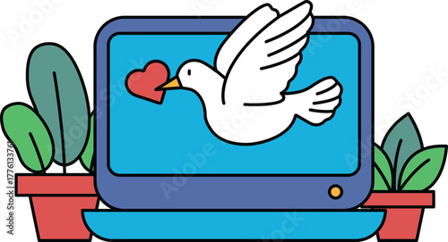 A white bird with a heart in its beak is flying over a laptop
