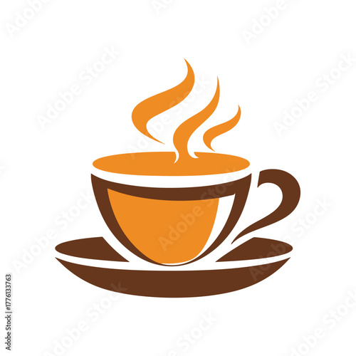 Warm orange coffee cup with steam and saucer in cozy autumn colors perfect for cafe coffeehouse or beverage brand logo design