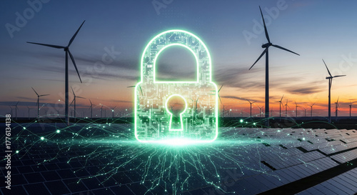 Digital padlock, solar panel, wind turbine, network, and glowing lines symbolize renewable energy security, data protection, and sustainable technology at sunset
