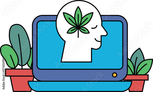 A man's head is shown with a leafy green plant growing out of his forehead