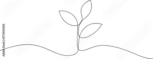 Single line drawing of a sprouting plant with leaves