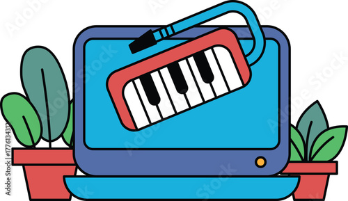 A keyboard and a small keyboard with a red and blue instrument on top of it