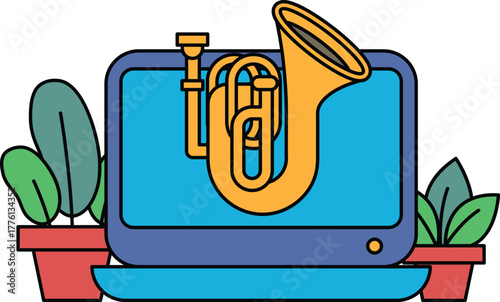 A computer monitor with a trumpet on it